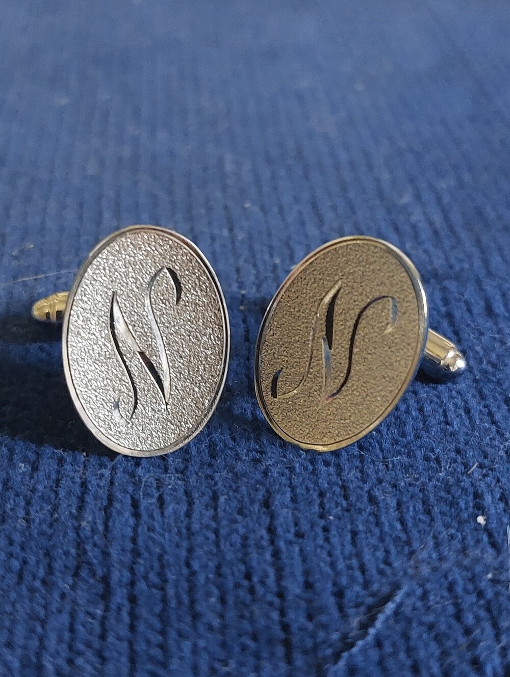Vintage Estate Monogram Initial N Oval Silver Tone Cufflinks Textured Etched